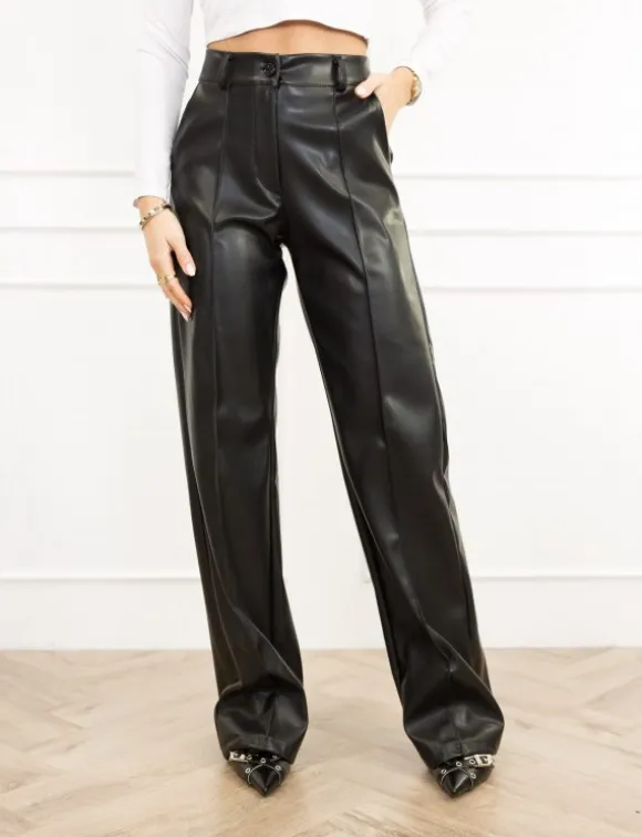 Feliz leren wide leg broek zwart