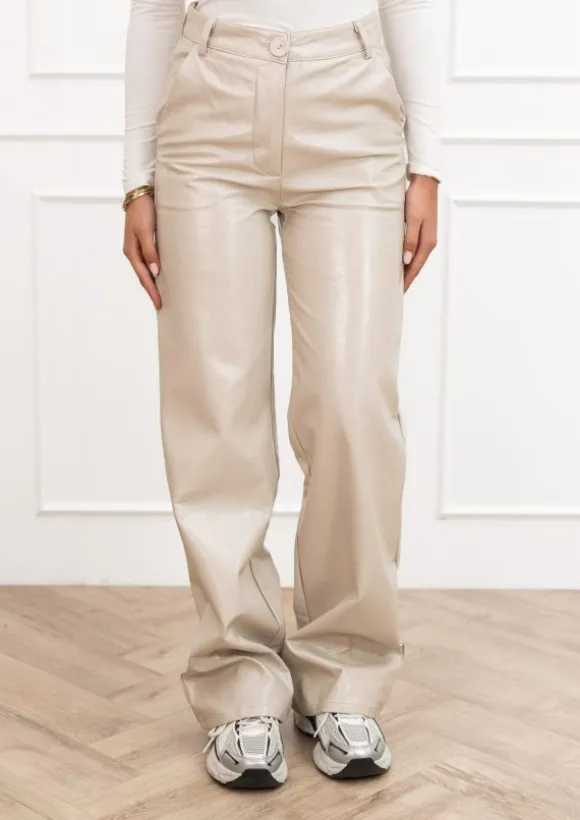 Milou leren straight broek beige