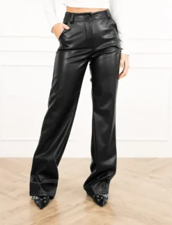 Molly leren wide leg broek zwart