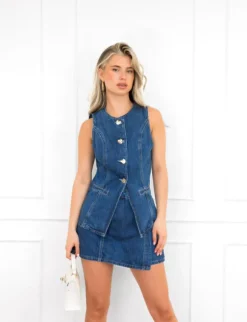 Puck denim gilet donker blauw